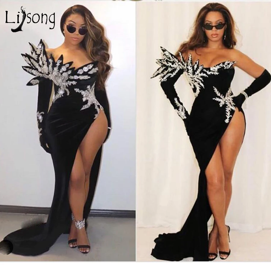 

Sexy Fashion High Side Sleeves Black Mermaid Prom Dresses One Shoulder Sequined Beaded Appliques Long Prom Gowns Off The Shouler