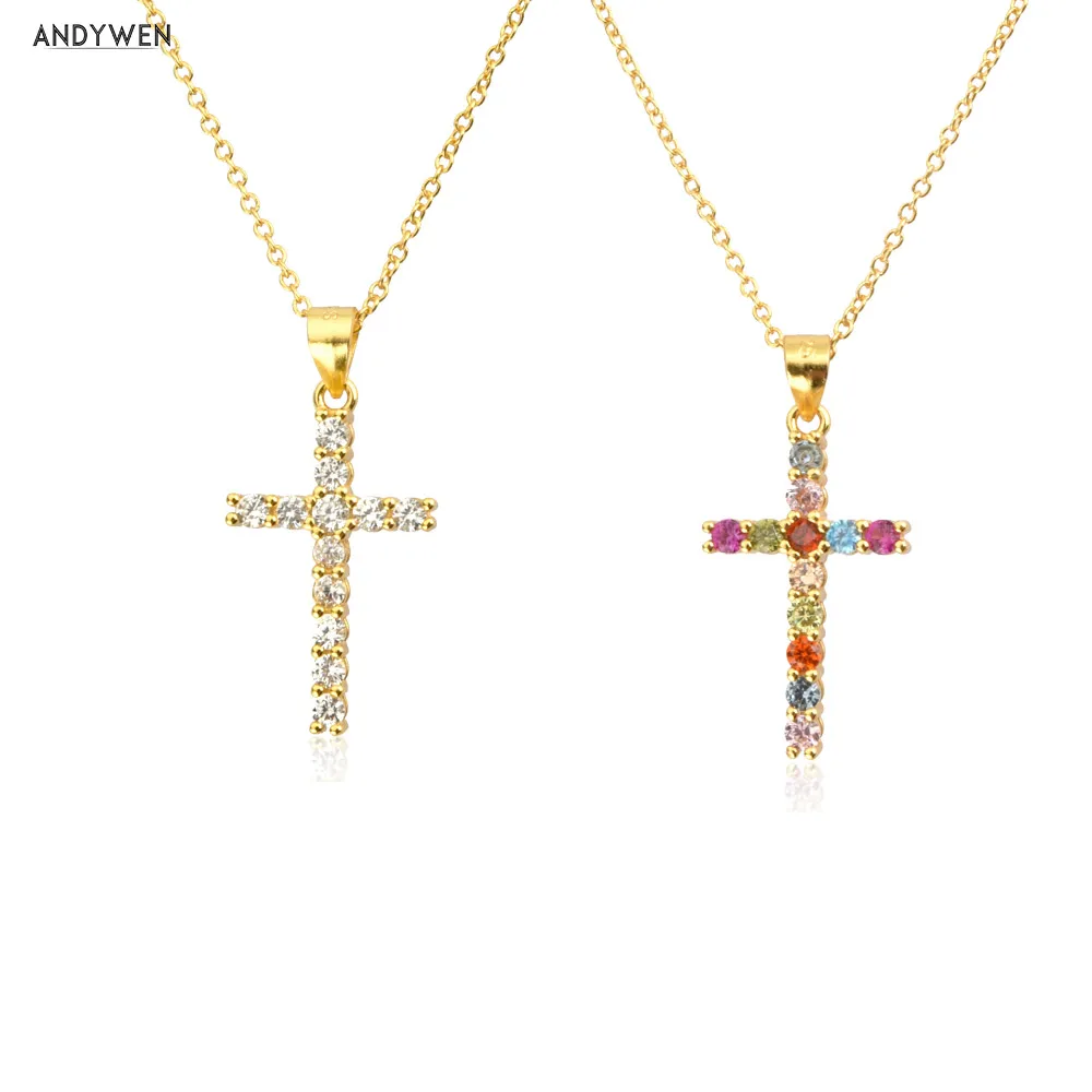 ANDYWEN 925 Sterling Silver Gold Clear Zircon Cross Pendant Necklace Long Chain Luxury Clip Wedding Rock Punk Sunmmer Choker | Украшения и