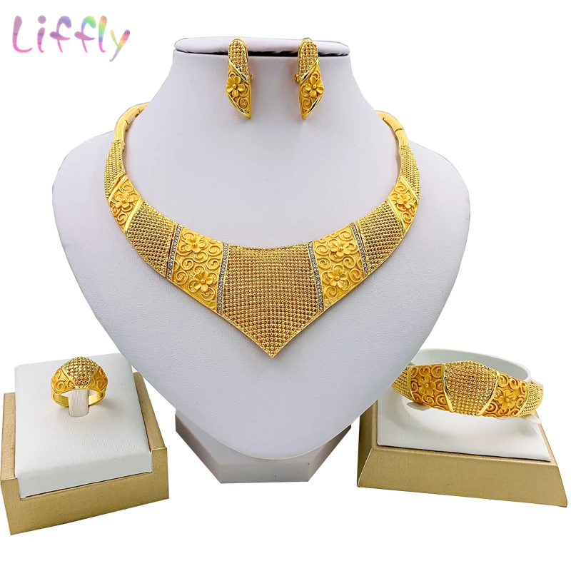 jewelry 6 Liffly, классические ювелирные наборы из Дубаи, очаровательное свадебное большое ожерелье, Кристальные серьги, кольцо, браслет, Эфиопский женский свадебный ювелирный набор - Окраска металла: jewelry 6