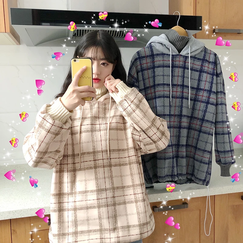 Harajuku флисовые толстовки с капюшоном больших размеров, Женские клетчатые толстовки с высоким воротом, Женские повседневные пуловеры с длинным рукавом, одежда, толстовка