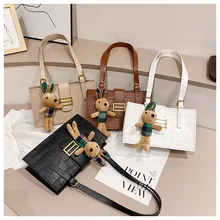 

New Handbag PU Material Set Retro Stone Texture Leather Handmade Ladies Handbag Shoulder Bag Messenger Bag With Rabbit Doll