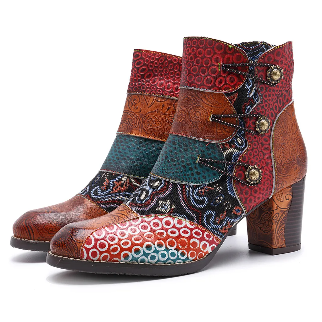 

Women's Ethnic Boots Autumn Retro Totem Chelsea Boots Leather Ankle Boot Lady Elegant Evening Party High Heel Shoes Embroidery