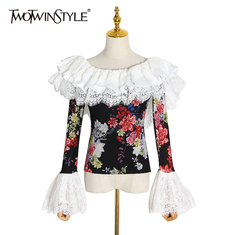 Женская кружевная блузка TWOTWINSTYLE Весенняя с принтом воротником лодочкой