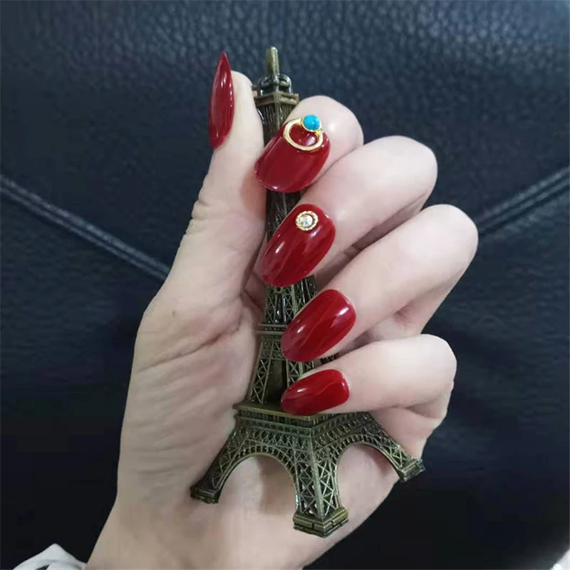 Nusx 24pcs Beautiful Full Cover Diamond Crystal Fake Nails With Diamond Stiletto Round Head Red False 3