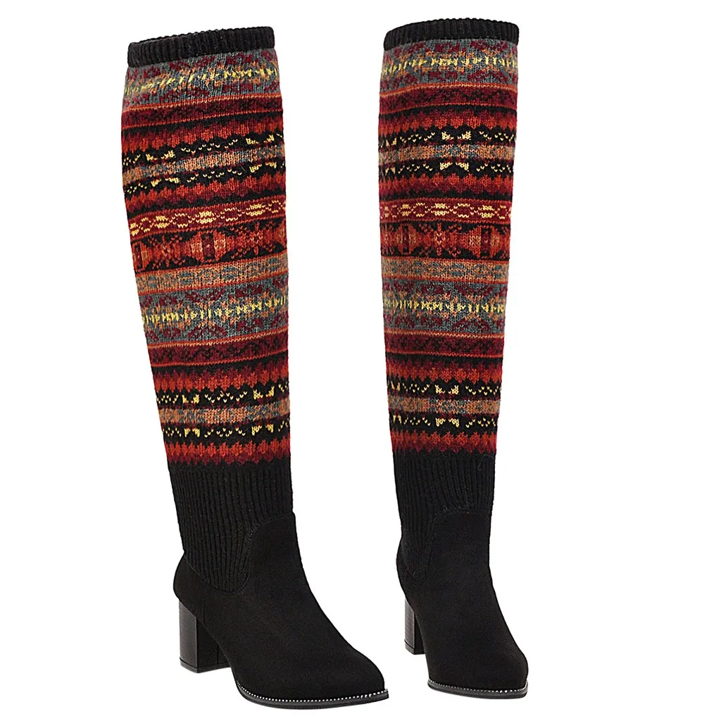 Ladies Outdoor Multicolor Pattern Autumn Winter Boots Women Warm High Heels Cool Retro Slip On Kneeth Sexy Snow Boots Shoes