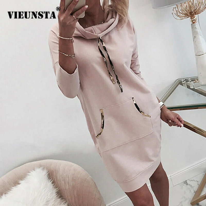 

2020 Spring Casual Hoodie Dress Women Loose Solid Hoody Pullover Mini Dress Elegant Pockets Autumn Sweatshirt Dress 2XL Vestidos