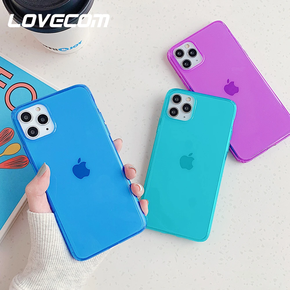 Прозрачный однотонный чехол LOVECOM для iPhone 11 Pro Max XR X XS 7 8 Plus мягкий неоновый задней