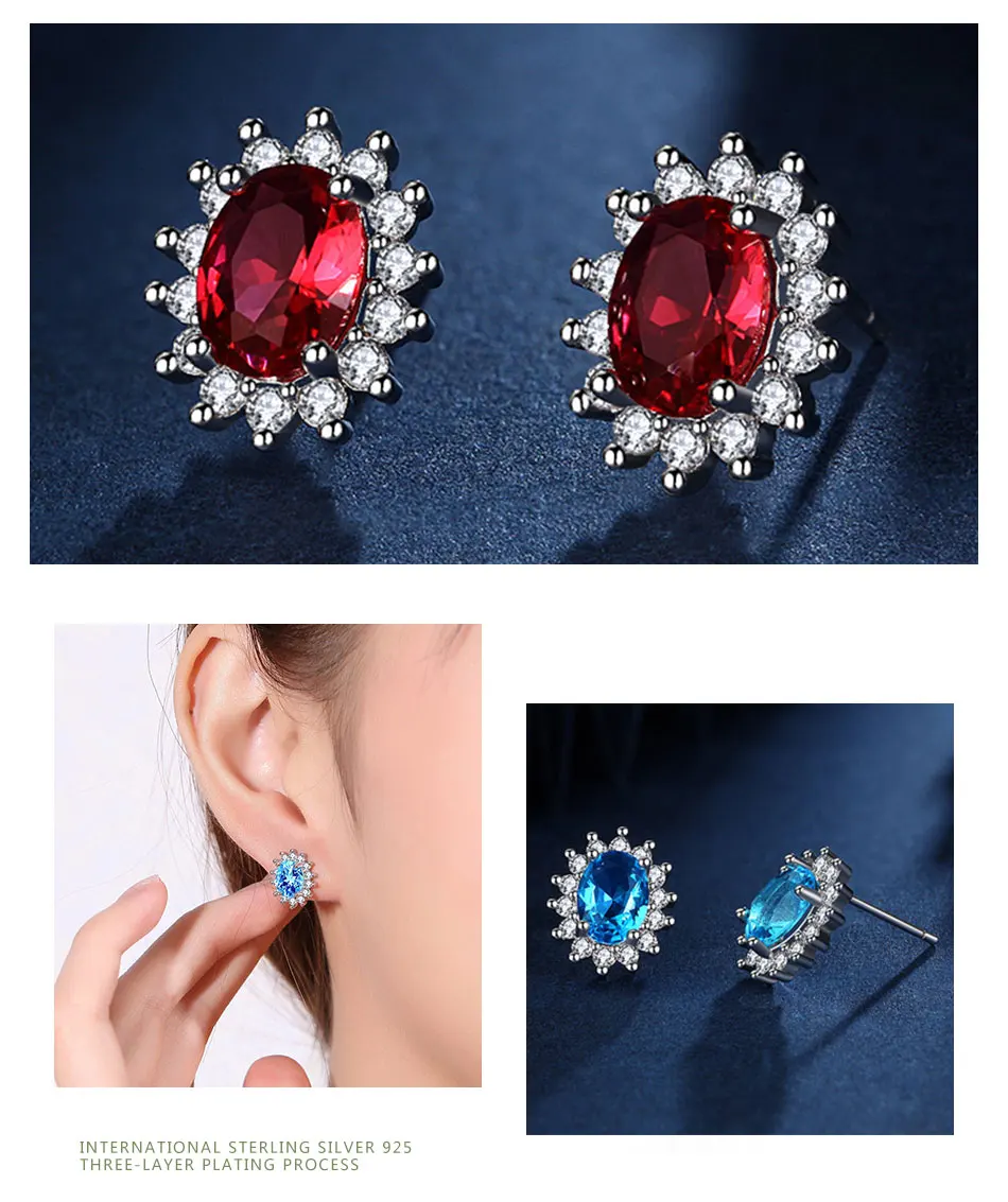ZDADAN 925 Silver Blue Oval Crystal Earrings For Women Fashion Wedding Jewelry Gifts