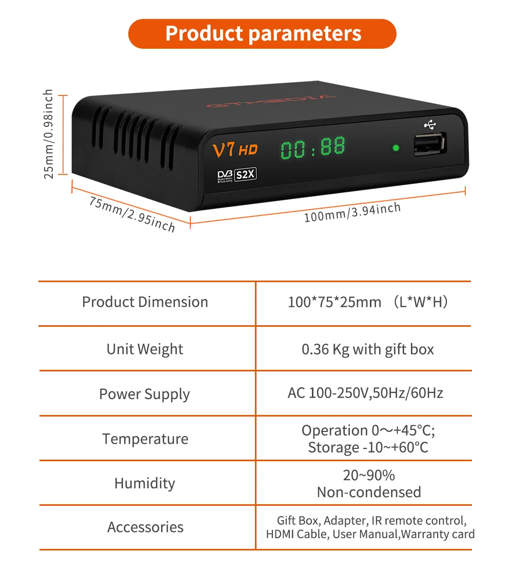 GTMEDIA V7HD Support DVB-S/S2/S2X AVS+ BISS Auto Roll Full PowerVu Unicable USB Wifi Dongle Youtube Youporn V7 HD