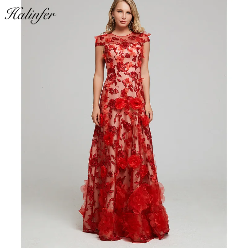 Halinfer Chinese applique Style Long Dress High Quality Red Bodycon Maxi Celebrity Wedding Cocktail Party Dress Vestidos