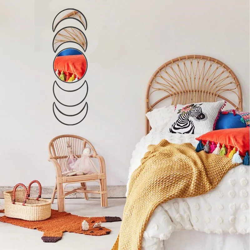Nordic Wooden Decorative Mirror Decor Acrylic Moonphase Mirror Interior Design Wooden Moon Phase Mirror Bohemian Wall Decoration