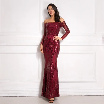 

Slash Neck Sequined Maxi Dresses Off The Shoulder Evening Party Dresses Elegant Burgundy Gold Green Sequined Dress