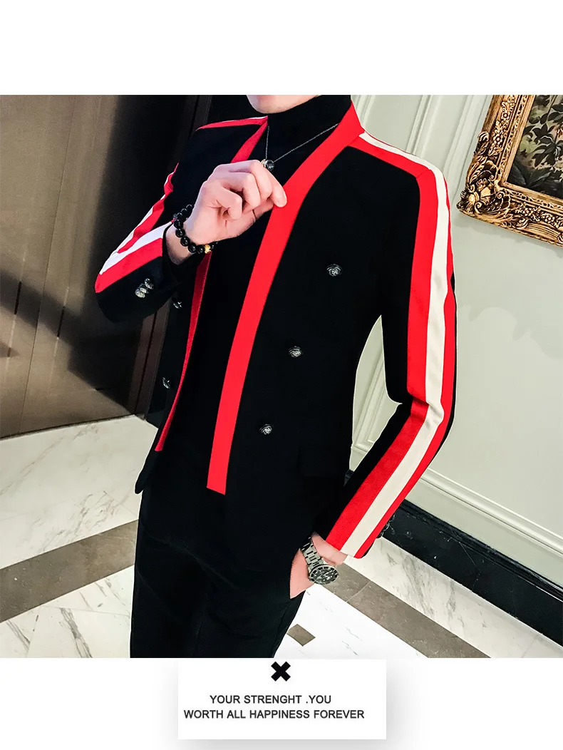 Черный, красный, белый полосатый Блейзер Homme Slim Fit Мужской s Desinger костюм куртка мужская Veste Saco Мужской Блейзер корейский мужской свадебный костюм