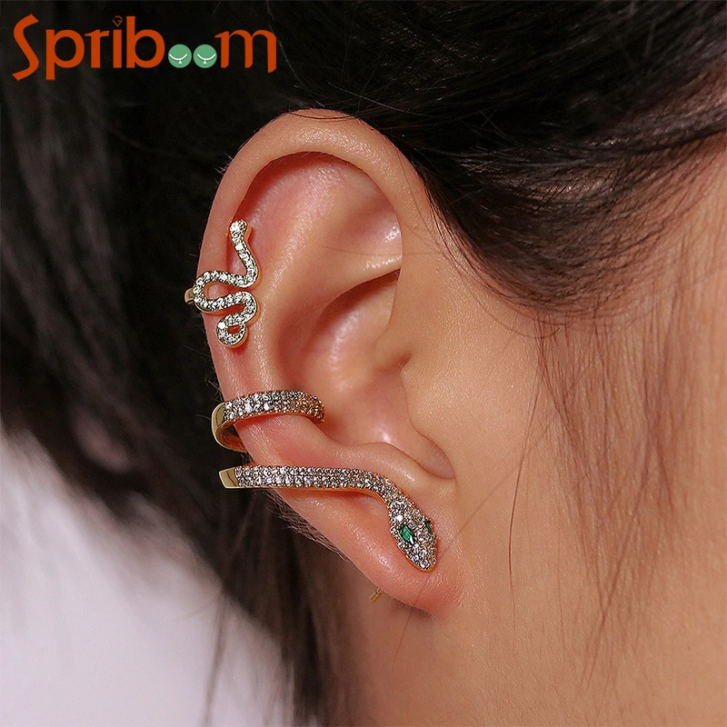 2Pcs/set Snake Clips On Earrings for Women Vintage Zircon Gold Ear Bone Clip Punk Ear Cuffs Personality Jewelry Accessories Gift