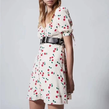

2020 Spring and Summer New V neck short sleeve Gentle Sweet Cherry Printed women Slim Silk Dress Female