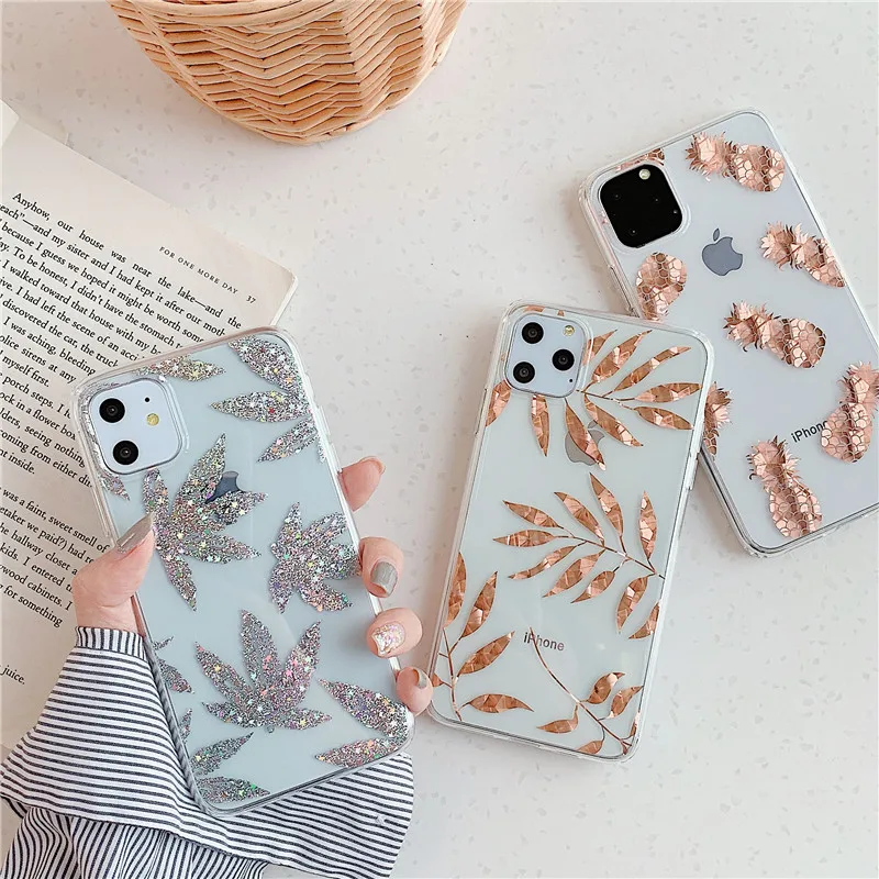 

Luxury Glod Leaf Phone Cases For iphone 11 Pro Max Case Transparent Art leaves Soft Cover For iphone XS Max XR X 6 6S 7 8 plus