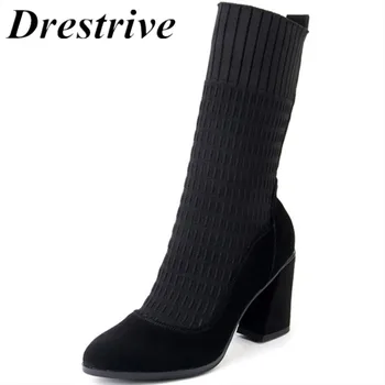 

Drestrive Women Mid Calf Boots Cow Suede Knitting Winter Zipper Female High Heel Shoes 8.5 cm Patchwork Elastic Spring Round Toe