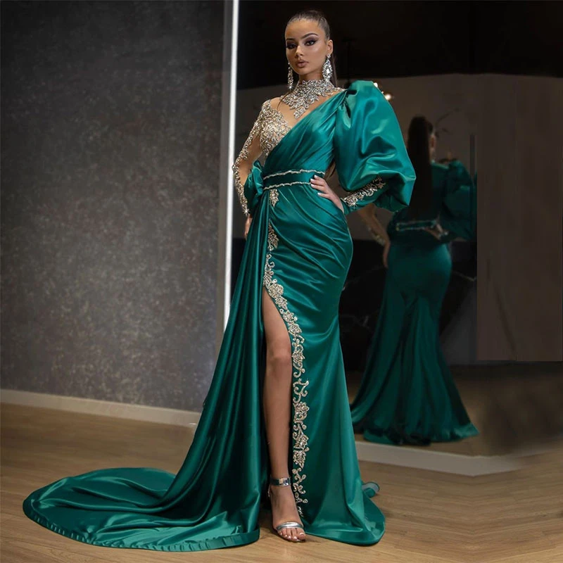 green evening gown High Neck Arabic Evening Dresses Luxury Beaded with Rhinestones Side Split Prom Gown Long Sleeves Sexy Formal Party Custom Made dinner dresses for ladies