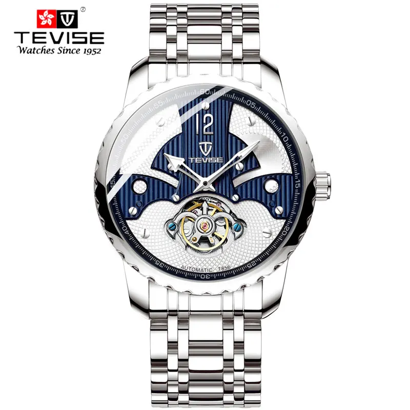 Топ люксовый бренд Мужские часы автоматические механические часы TEVISE Tourbillon наручные часы из нержавеющей стали модные мужские часы - Цвет: silver bule