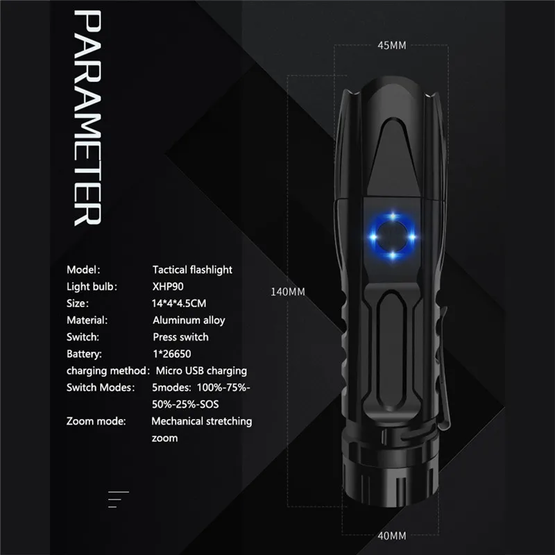 XHP90 LED Flashlight Zoomable USB Rechargeable 26650 Flashlight Torch 5 Modes linterna led recargable de alta potencia  #3N27 (9)