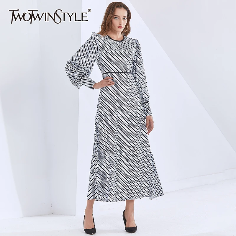 

TWOTWINSTYLE Striped Dress For Women O Neck Lantern Long Sleeve High Waist Lace Up Autumn Dresses Female 2020 Fashion Clothing
