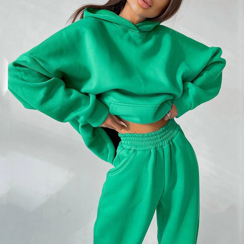 New Autumn Winter Hooded Pocket Sweater Suit Fashion Wide-Leg Pants Two-Piece Women's Clothes Pullovers Long Trousers Sports Set plus size pants suits evening wear