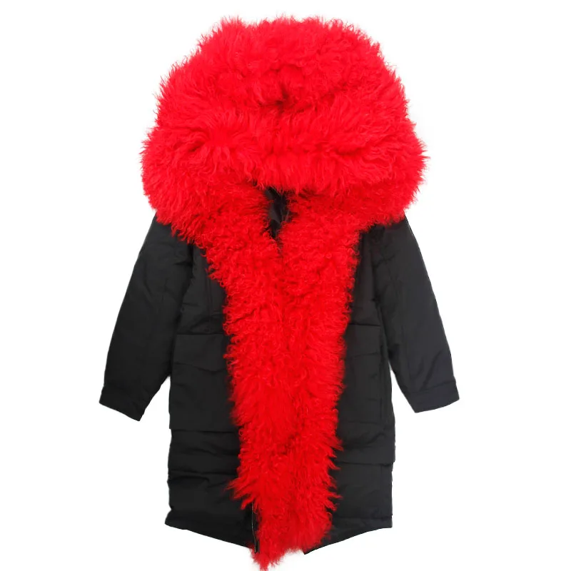 Зимняя куртка, женское кожаное пальто, длинная куртка Parker, натуральный монгольский овечий мех, утиная утка, толстая секция, теплая d