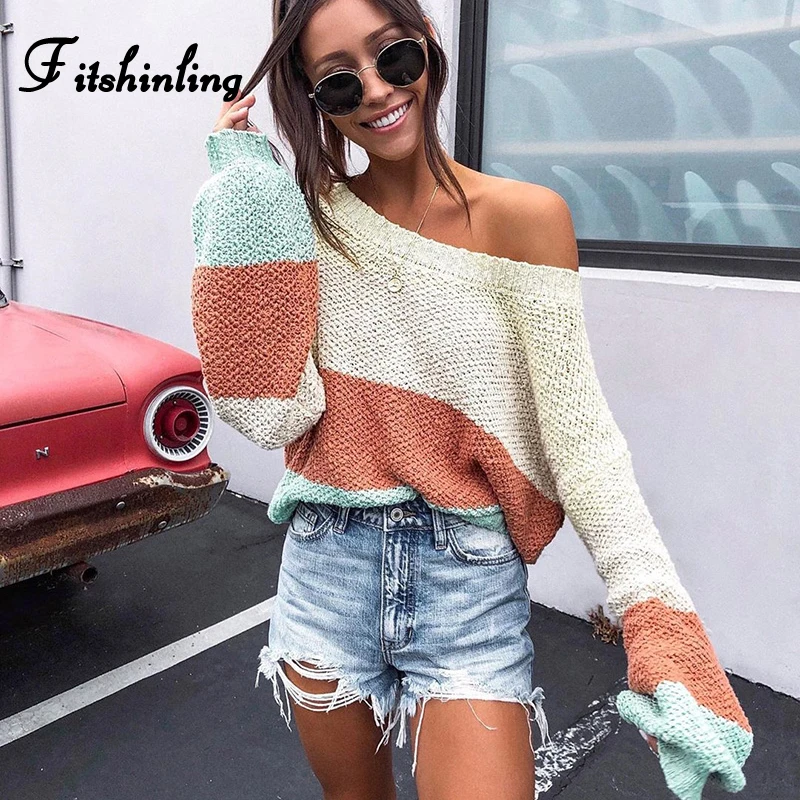 

Fitshinling New Arrival Sweaters For Women Bright Colorful Knitted Jumper Pullover Femme Striped Autumn Winter Sweater Ladies