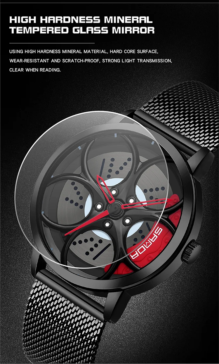 SANDA New Arrival Car Spinning Rim Hub Watche Custom Design Quartz Wristwatch Waterproof Car Wheel Watch Volk Racing Rays