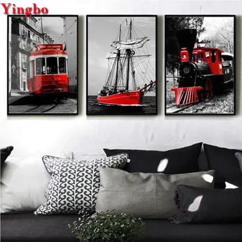

Diy diamond embroidery Black Red Train Sailing full square Round diamond painting Rhinestone mosaic decoration triptych painting
