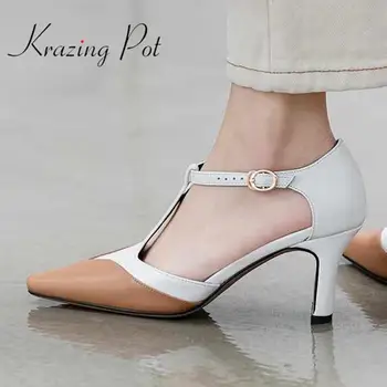

Krazing pot new novelty vintage mixed colors genuine leather pointed toe high heels ankle straps breathable daily wear pumps L13