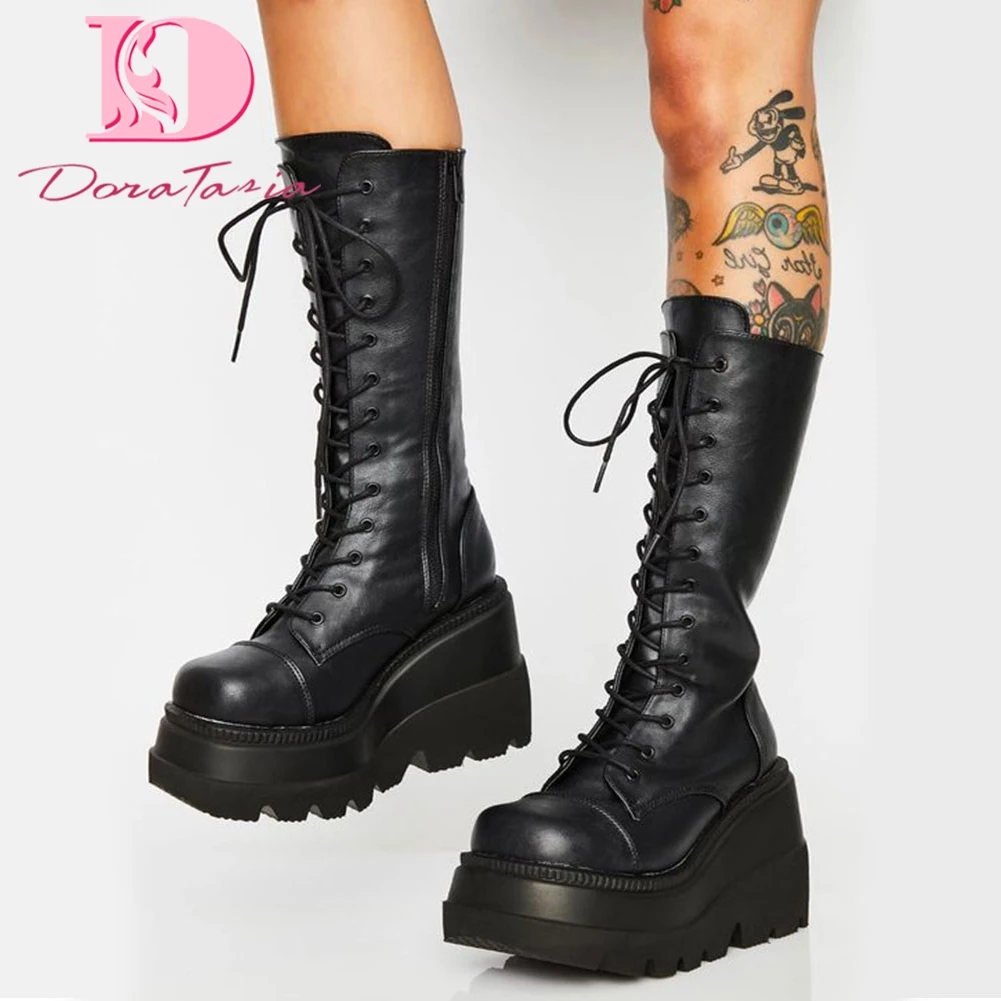 Botas con plataforma alta de moda para mujer, cuñas, botas de fondo grueso, zapatos informales de tacón alto grueso para fiesta, novedad de 2020