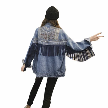 

Rlyaeiz Chaquetas Mujer Autumn Fashion Streetwear Denim Jacket Women Hand-studded Rivet Tassel Embroidery Jeans Jackets Overcoat