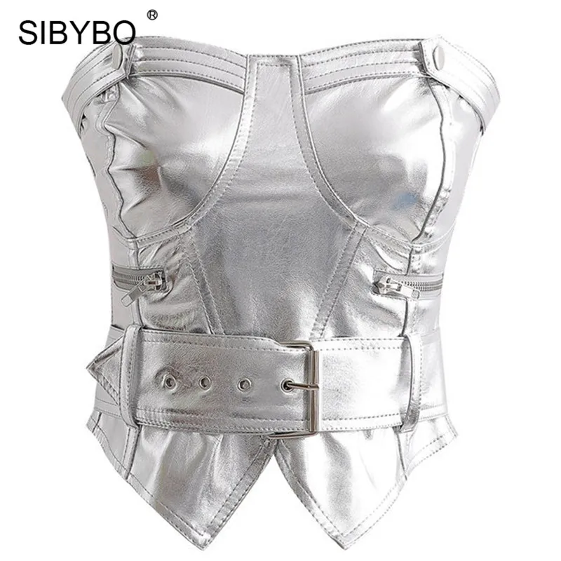 SIBYBO тонкий сексуальный женский топ из искусственной кожи без бретелек с открытыми плечами и поясом, летний укороченный Топ для женщин, Одноцветный женский топ на бретелях с открытой спиной