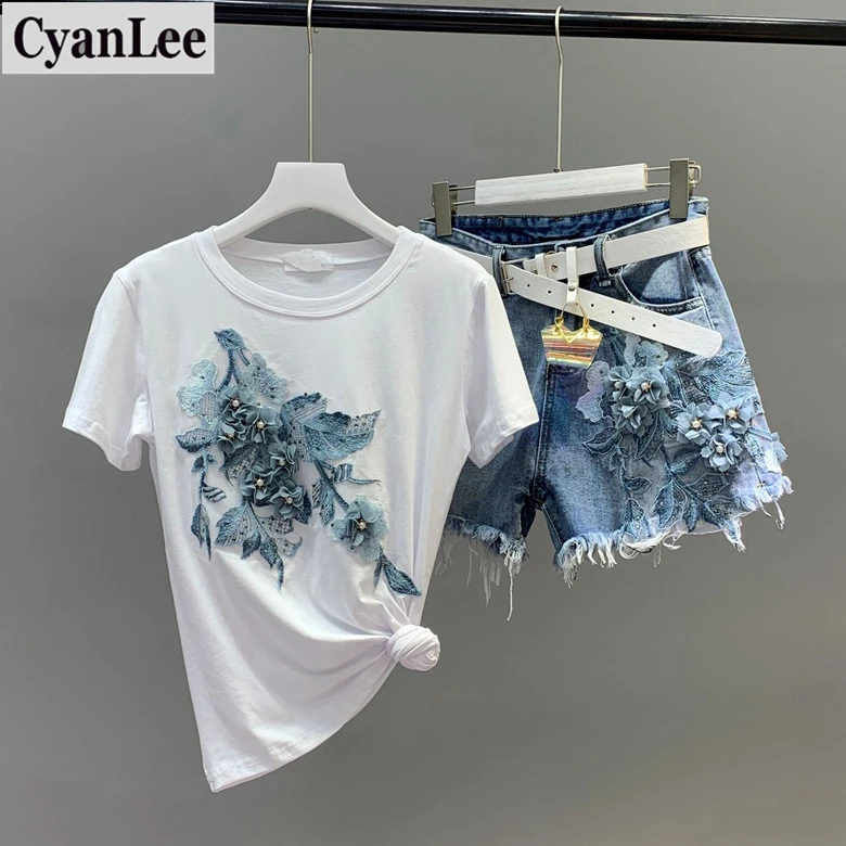 Женский джинсовый костюм Cyanlee джинсовые шорты с вышитыми цветами и бисером +