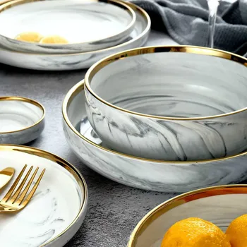 

Creative marble pattern Phnom Penh ceramic Western tableware rice bowl household deep soup dish dish noodle soup bowl dish set