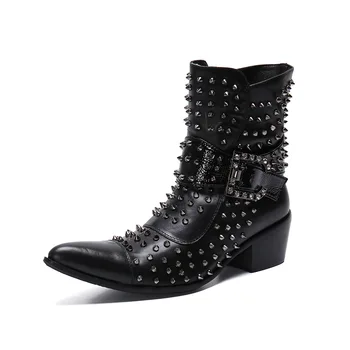

Rock New Ankle Boots Carved Men's Martin Boots Trend High Top Men's Shoes Cow Leather Ayakkabi Casual Pointed Toe Work & Safety