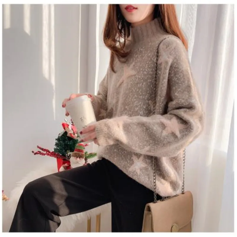 Модный Рождественский свитер, пуловеры для женщин,, короткий, принт со звездой, вязаный Топ, джемпер большого размера, мягкий, теплый, Pull Femme Nouveaute M142