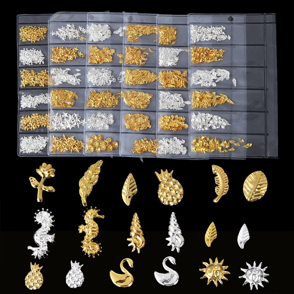 6 Designs/Pack 3D Hollow Metal Nails Stones Gold Silver Flower Shell Nail Art Decorations Fall Sea Micro Beads