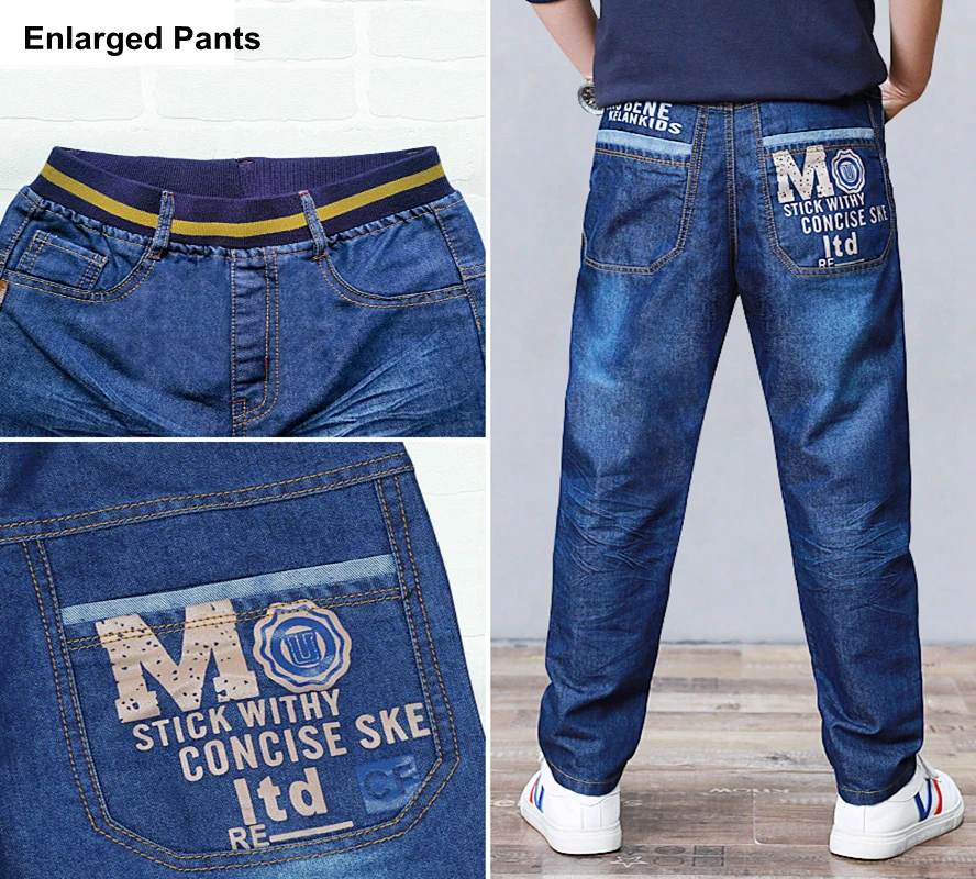 Enlarged pants Свободные джинсовые брюки для больших мальчиков буквы печатный рисунок джинсовая одежда для подростков хлопковые синие брюки для мальчиков-подростков повседневные брюки с эластичной резинкой на талии 14 лет - Цвет: Enlarged pants