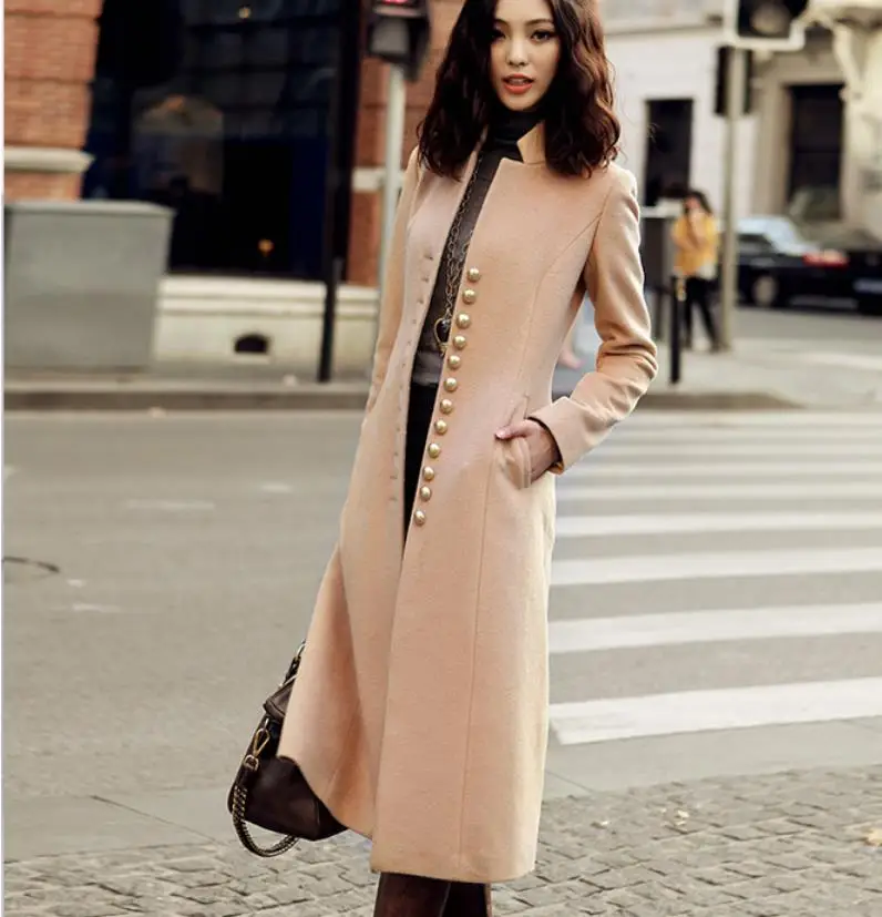 Осенне-зимнее шерстяное пальто со стоячим воротником женское однобортное тонкое длинное шерстяное пальто
