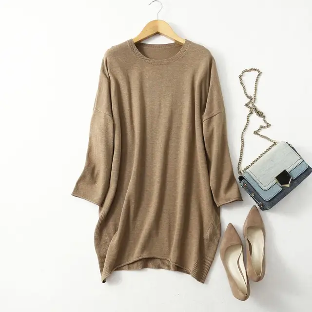 Women s 85% Silk 15% Cashmere Crew Neck Long Loose Type Pullover Top Sweater Dress LY001