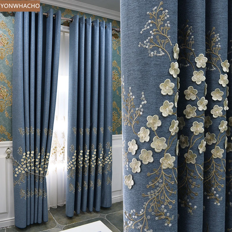 

Custom curtains High-class relief embroidered living room bedroom cotton linen blue cloth blackout curtain tulle panel B980