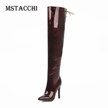 

MStacchi Gradual Change Zipper-Sid Ladies Thigh High Boots Thin Heels Pointed Toe Botas Mujer Mature Sexy Fashion Pleated Boots