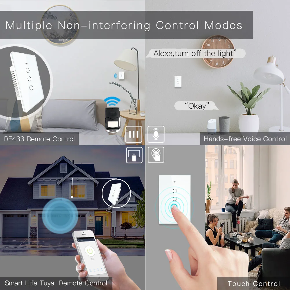 Wi-Fi умный настенный выключатель света стеклянная панель RF433 беспроводной Smart Life Tuya приложение дистанционное управление работает с Alexa Google Home 3 банды