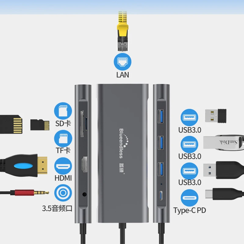 9-in-1 type-c расширения док-станция для 4K HDMI c PD usb3.0 конвертер Многофункциональный хаб