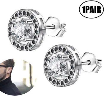 

Lvcky Men Earrings Studs Silver 925 White Black Zirconia Round Unisex Ear Studs 10mm Birthday