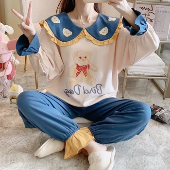 

Women Sleepwear Plus Size XXL Cotton Pullover Loose Version Pajamas Col Claudine Spring Fall Pyjamas Cartoon Nighty