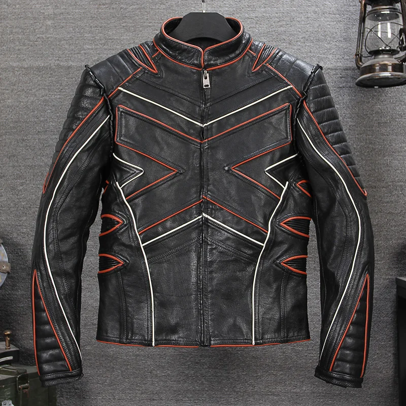 

Leather Coat Men's Stand Collar Slim Fit Full-grain Leather Motorcycle Biker Leather Jacket Racing Suits Genuine Leather Coat