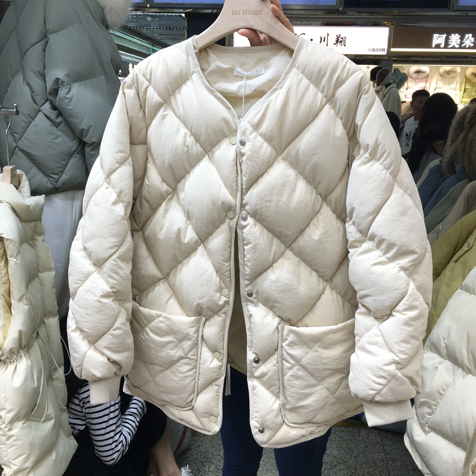 

Winter Rhombus Plaid Cotton Coat Korean-style Loose Thick Solid Color Crew Neck Long Sleeve Cotton Overcoat Student Small Cotton